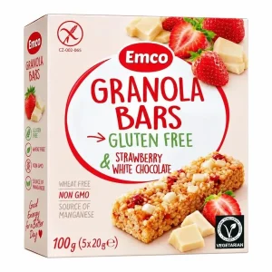 Emco Barres de Granola Sans Gluten Fraise & Chocolat Blanc 100g 5x20g