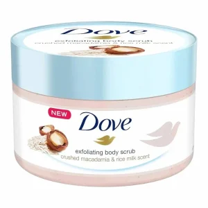 Dove Gommage Corps Exfoliant Macadamia & Lait de Riz 250ml – Body Scrub Nourrissant | Peau Douce & Lisse